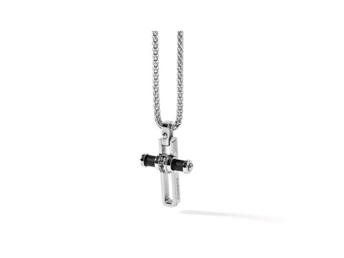 Collana Comete UGL382 uomo acciaio lucido con croce in acciaio e PVD lucido nero e spinelli