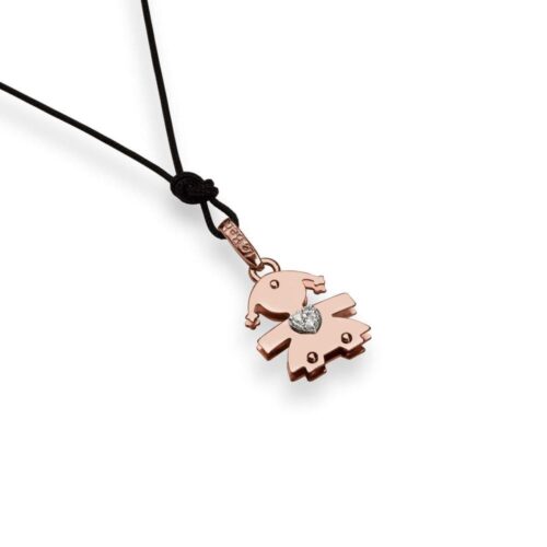 Ciondolo Lebebè Sagoma Bimba Oro Rosa 9kt con Cuore e Diamanti